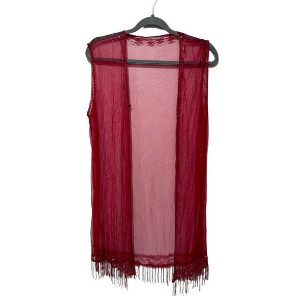 Cherry Red Hand Beaded Fringe Open Front Sleeveless Cardigan Gypsy Boho One Size - Picture 1 of 13